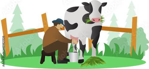 Milking of a cow vector illustration, livestock industry, food and drink industry, fresh milk from cow, farmer and his cow