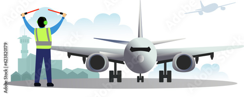 Aircraft parking staff directing plane vector illustration, flight coordinator guiding airplane