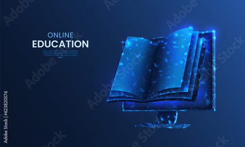 Digital learn. Online library. Electronic book. E-learning technology in computer. Science study in school. Smart training. Read literature. Education concept. Vector background design