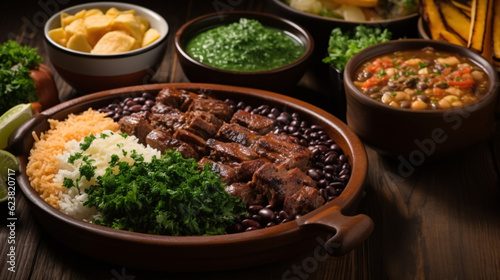 Brazilian Feijoada Food. Top view, South American cuisine. Food design. Ingredients and bowl.