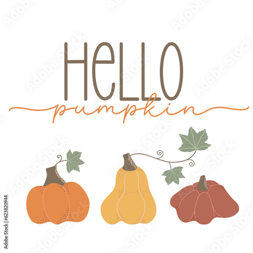 Hello pumpkin. Seasonal square template with motivation quote and  pumpkins in minimalist style. Hand drawn lettering. Autumn design for banners, posters, Cards, invitations. Vector illustration