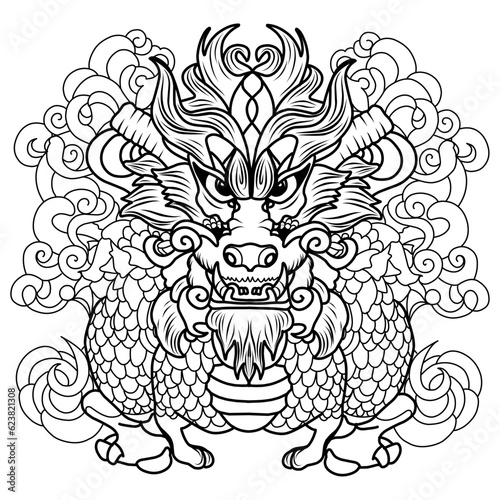 Dragon coloring page template with swatches of colors. Vector illustration