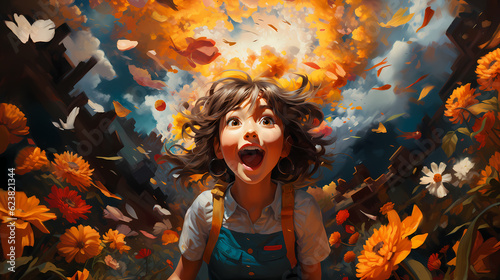 Happy young girl in surreal world