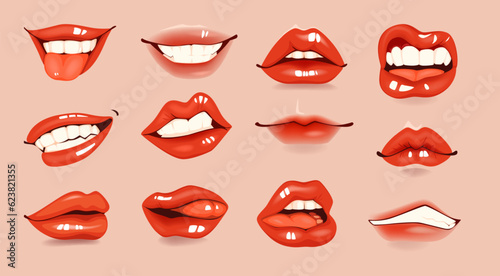 Smile mouth set. Open lips, tongue and white teeth, sad or laugh woman and man face, facial language, red lipstick. Glamour beautiful girl makeup. Body part. Vector cartoon illustration