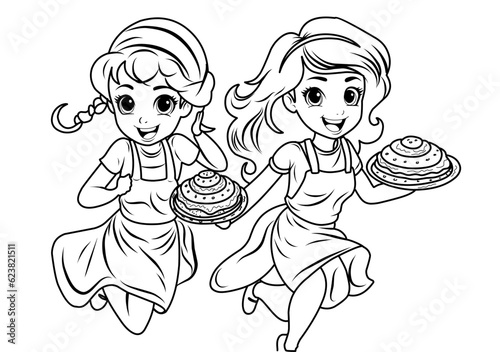 Coloring page Pancake day, Pancake race. Women run with plates of pancakes