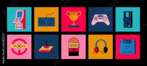 Arcade game icons. Retro joystick and headphones. VR controller logo. 80s or 90s video gaming trophy. Slot machine. Tetris gadget or diskette. Collage banners. Vector cartoon stickers set