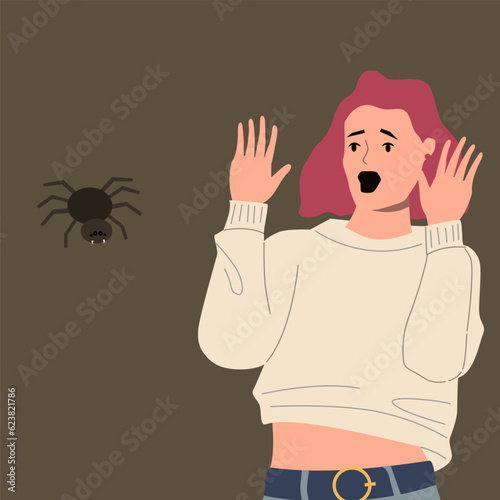 Scared people. Frightened woman afraid of spider. Insect phobia. Girl screaming in horror. Spooky tarantula hanging on spiderweb. Panicked person. Scary bug. Vector arachnophobia concept