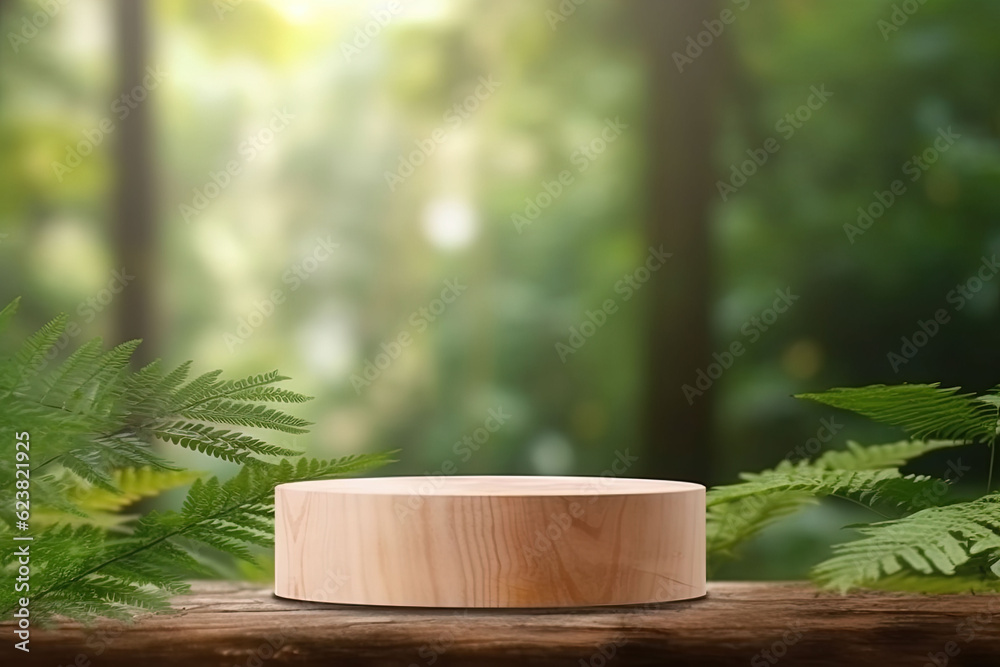 photo wooden product display podium with blurred nature leaves background generative ai photo wooden product display podium with blurred nature leaves background generative ai