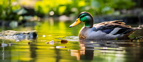 Photographie a mallard duck swims through the water Generated by AI