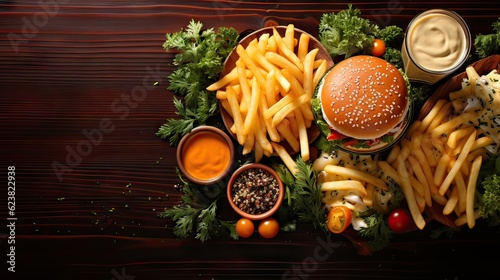Tempting Fast Food Feast  Hamburger  Fries  Sauces  and Drinks on Rustic Wooden Background in Top View.