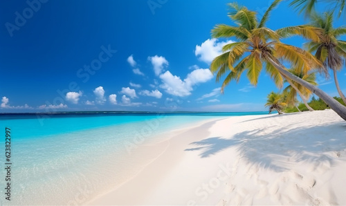 tropische Palme am t  rkisblauen Meer mit wei  en Sandstrand