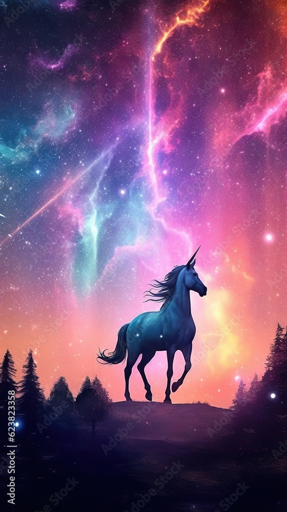 Naklejka premium Silhouette of a Unicorn in a Pastel Galaxy Sky AI Generated