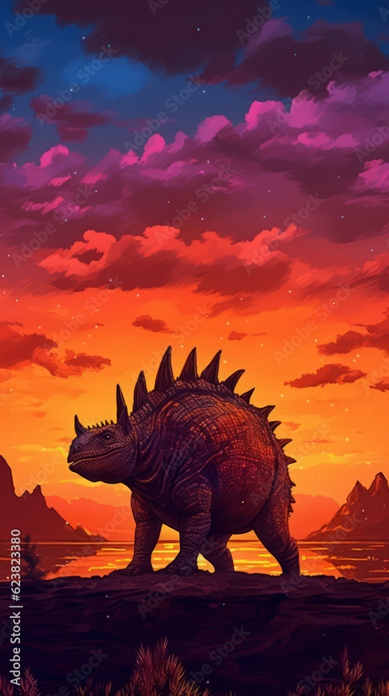 Fototapeta premium Stegosaurus Bathed in Twilight Hues Silhouetted Against Vivid Orange Sunset AI Generated