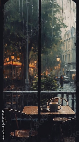 Serene Cafe on Rainy Day Through Window AI Generated