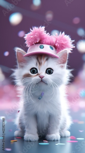 Adorable Small Cat Wearing a Pink and White Hat in Colorful Animation Style AI Generated