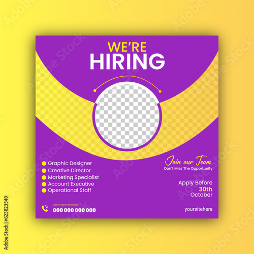 We are hiring job vacancy social media post template or square web banner