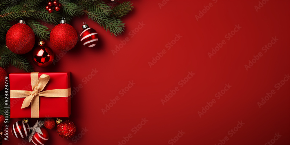 Merry Christmas banner with blank space for red background gift boxes fir tree branches, red ornaments with generative AI technology Merry Christmas banner with blank space for red background gift boxes fir tree branches, red ornaments with generative AI technology