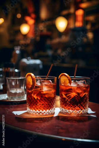 Drink Negroni in a bar environment. Alcoholic Cocktail