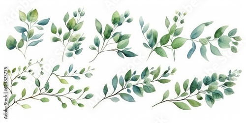 Green Leaf Branches Watercolor Floral Illustration Set for Wedding Stationery and Greetings AI Generated