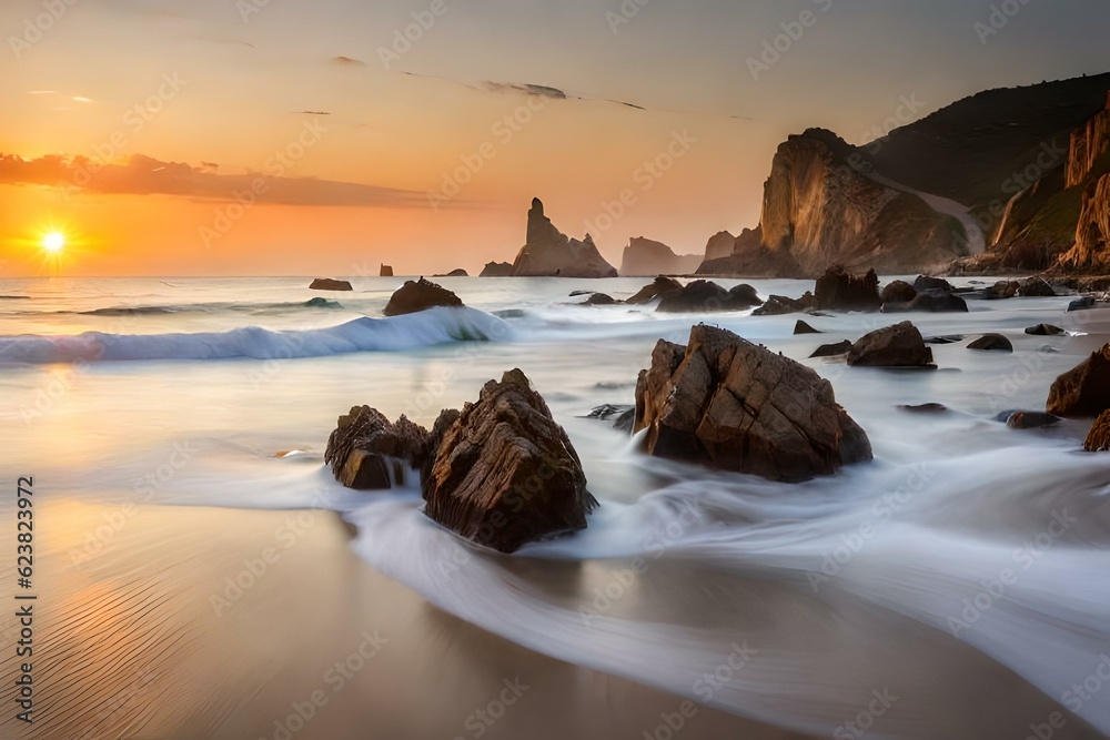 Capturing the Majestic Beauty of a Coastal Sunset, Where the Sun's Farewell Kisses the Horizon on the Beach