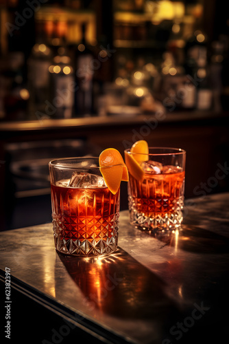 Drink Negroni in a bar environment. Alcoholic Cocktail