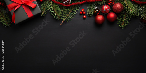 Merry Christmas banner with blank space for text top view black background gift boxes fir tree branches red ornaments with generative AI technology