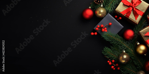 Merry Christmas banner with blank space for text top view black background gift boxes fir tree branches red ornaments with generative AI technology