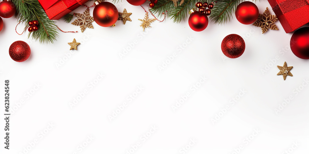 Merry Christmas banner with blank space for white background gift boxes fir tree branches, red ornaments with generative AI technology Merry Christmas banner with blank space for white background gift boxes fir tree branches, red ornaments with generative AI technology