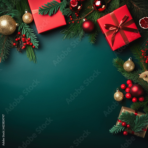 Merry Christmas banner with blank space view green background gift boxes fir tree branches red ornaments with generative AI technology