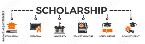Scholarship banner web icon vector illustration concept with icon of education, diploma, university, education cost, scholarship, loan student