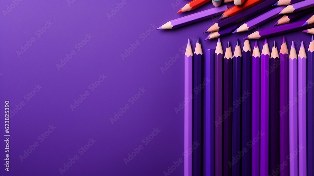 Back to school concept, sharp lilac dark pencils for drawing lie isolated on purple background with copy space, top view, flat lay, teacher's day promotion banner - obrazy, fototapety, plakaty 