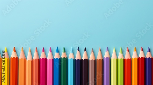 Back to school concept, sharp rainbow colored pencils in a row isolated on blue background with copy space, top view, flat lay, teacher's day promotion banner