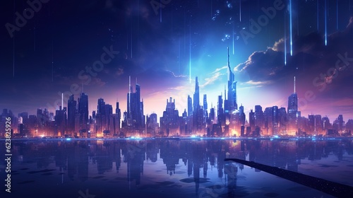 cityscape with space and neon light effect. Modern hi-tech, science, futuristic technology, with generative ai