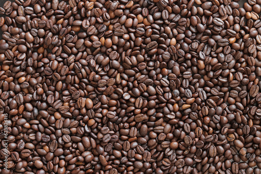 Top view of background representing halves of dark brown coffee beans. Roasted coffee beans, copy space
