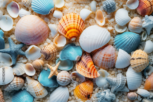 Summer background. Sea shells on beach. Summer vacation concept. Collection of colorful seashells on sand. Marine life