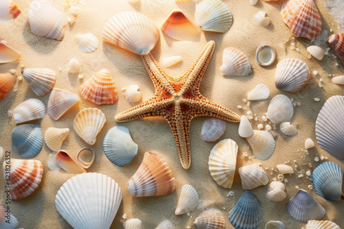 Summer background. Sea shells and starfish on beach. Summer vacation concept. Collection of seashells on sand. Marine life