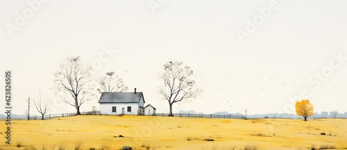 a painting of a white house sitting on top of a yellow hill Generated by AI © tom sandy