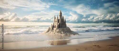 Fényképezés sand castle sitting on the beach by the ocean Generated by AI