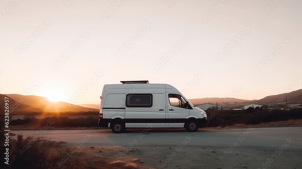 White campervan ready for travel at dusk or dawn