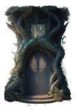 Elven tree house, Woodland Elf, Dark magic night elves digital illustration isolated with a transparent background, fairytale forest witchcraft design created with Generative AI.