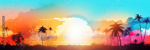 Colorful summer sunset background with palms