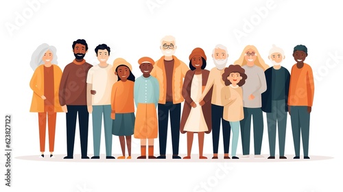 Diverse multiracial and multicultural group of people isolated on white background. Happy old and young men, women and children standing together. Social diversity, with generative ai