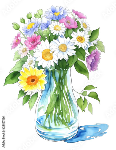 Bouquet of beautiful flowers in a glass vase isolated on white, retro style flower background.