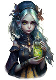 Woodland Elf with magic potion, Dark magic night elves digital illustration isolated with a transparent background, fairytale forest witchcraft design created with Generative AI.