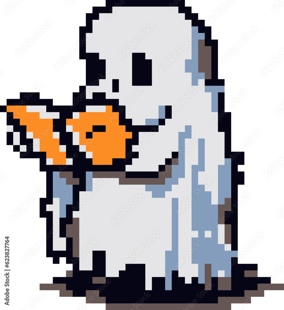 Pixel Art Halloween ghost reading book. Pixel Art Halloween ghost reading book.