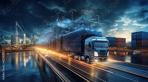 Logistics concept, Truck of logistics network distribution and smart transportation and networking intelligent logistics of truck container cargo, with generative ai