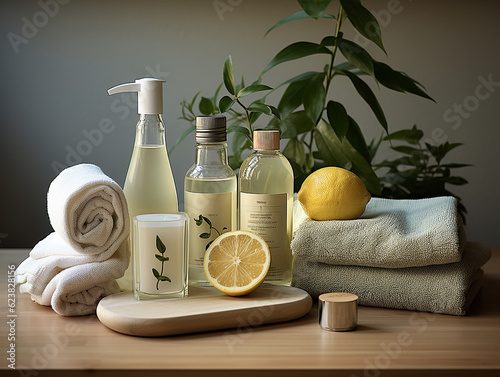 Prodotti per la pulizia sostenibili: prodotti per la pulizia ecologici, come aceto, bicarbonato di sodio e panni per la pulizia riutilizzabili, senza etichette,