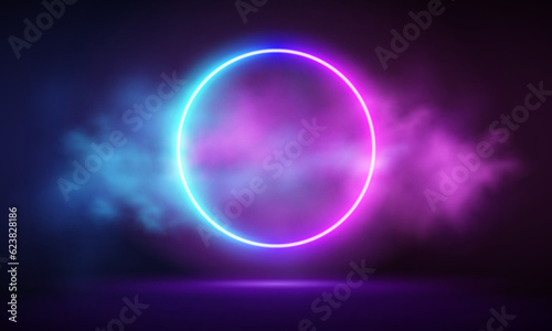 Glowing neon pink circle with vibrant fog abstract background. Electric light frame. Geometric fashion design vector illustration. Empty minimal art decoration. 80s neon circle frame, ring shape, emp