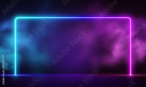 Glowing neon pink square with vibrant fog abstract background. Electric light frame. Geometric fashion design vector illustration. Empty minimal art decoration. 80s neon square frame,  square shape, e