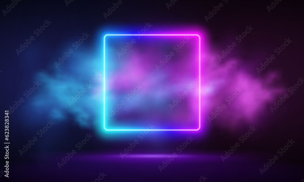Glowing neon pink square with vibrant fog abstract background. Electric light frame. Geometric fashion design vector illustration. Empty minimal art decoration. 80s neon square frame, square shape, em Glowing neon pink square with vibrant fog abstract background. Electric light frame. Geometric fashion design vector illustration. Empty minimal art decoration. 80s neon square frame, square shape, em